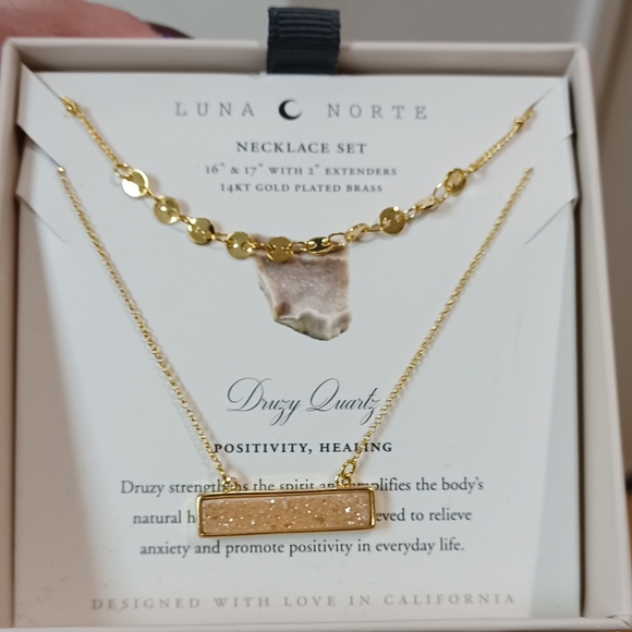POWER OF TWO 2 Luna Norte Gold plated double Layer Necklaces DRUSY QUARTZ - Picture 4 of 4